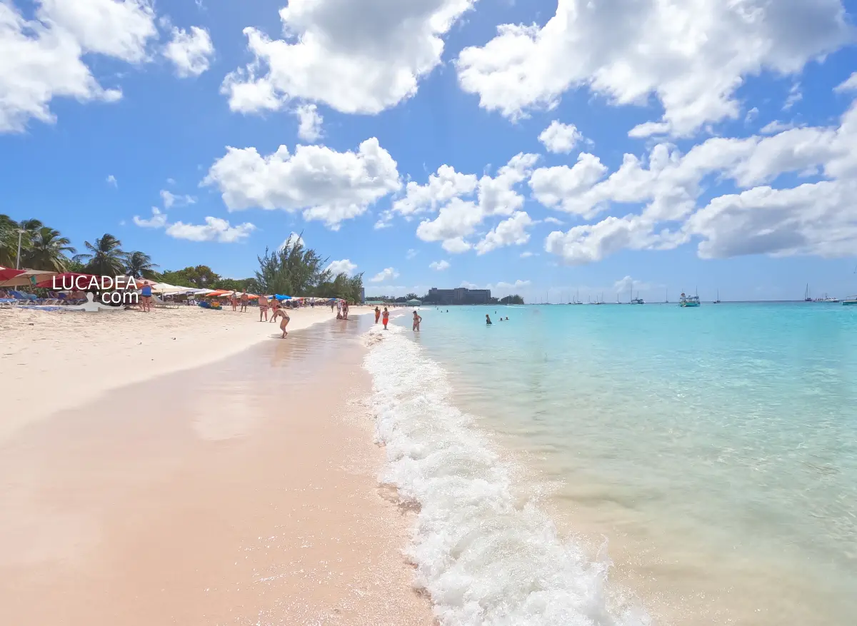 Carlisle Bay a Barbados con spiaggia caraibica, mare cristallino e il paesaggio di una delle baie più belle dell'isola