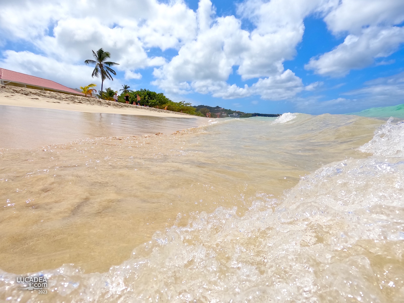 Onde che si infrangono sulla spiaggia di Grand Anse viste da vicino con prospettiva bassa sull’acqua e spruzzi in primo piano