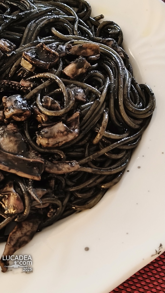 Piatto di spaghetti al nero di seppia cremosi con prezzemolo su fondo scuro