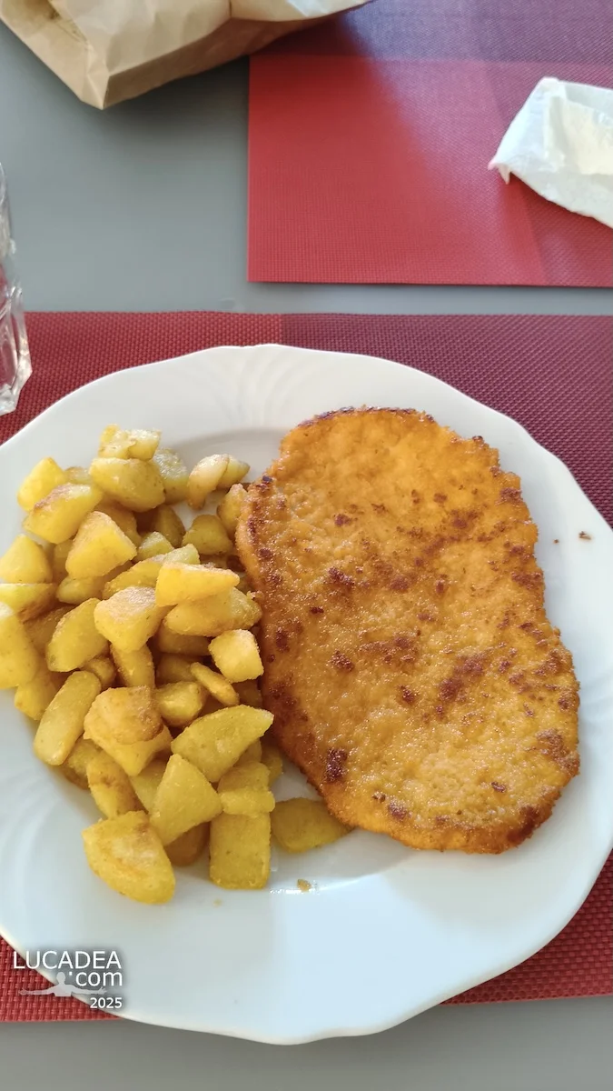 Cotoletta di pollo e patate al vino bianco servita in casa a Schwanheim con aspetto semplice e quotidiano.
