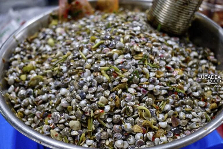 Piccoli frutti di mare in un mercato di Da Nang con conchiglie miste, erbe e colori naturali tipici della cucina vietnamita