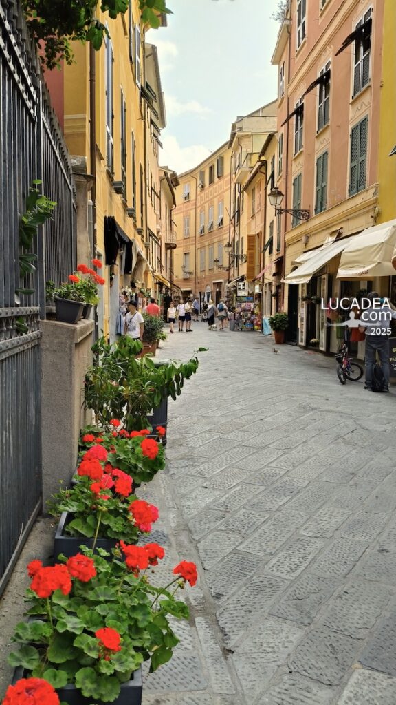 Caruggio di Sestri Levante con fiori rossi e palazzi colorati nel centro storico ligure tra vicoli suggestivi
