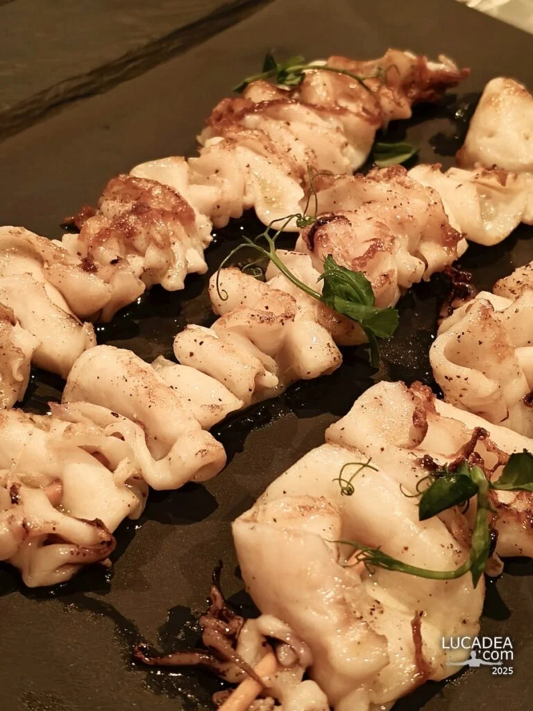 Spiedini di calamari al Ferrai bar sulla Costa Toscana, un piatto di mare fotografato durante una pausa in crociera.